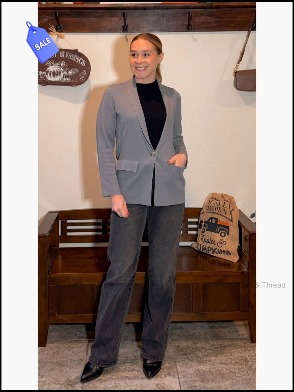 Lightweight Knit Blazer, Business Casual, Long Sleeve, V-Neck, Regular Fit - Picture 7 of 7